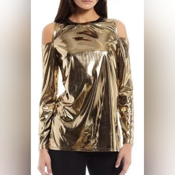 Michael Kors Tops - Michael Kors Slick Foil Cold Shoulder Long Sleeve Metallic Liquid Gold Top M